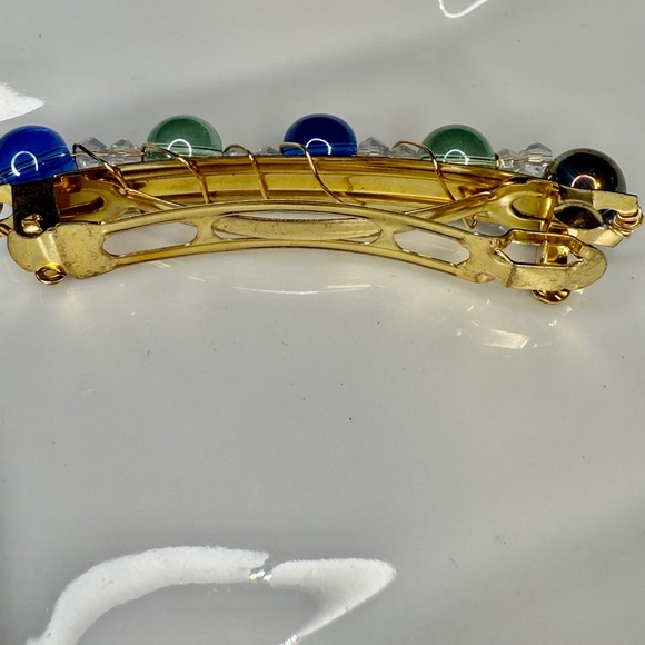 Hand Crafted Blue & Green Round Bead & Clear Crystals Gold Tone Hair Clip - Picture 5 of 7